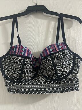 torrid 2x Black and Purple Aztec Longline Bikini Top